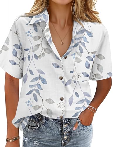 HOTOUCH Cotton Black Button Up Shirt Women Linen V Neck Short Sleeve Tops