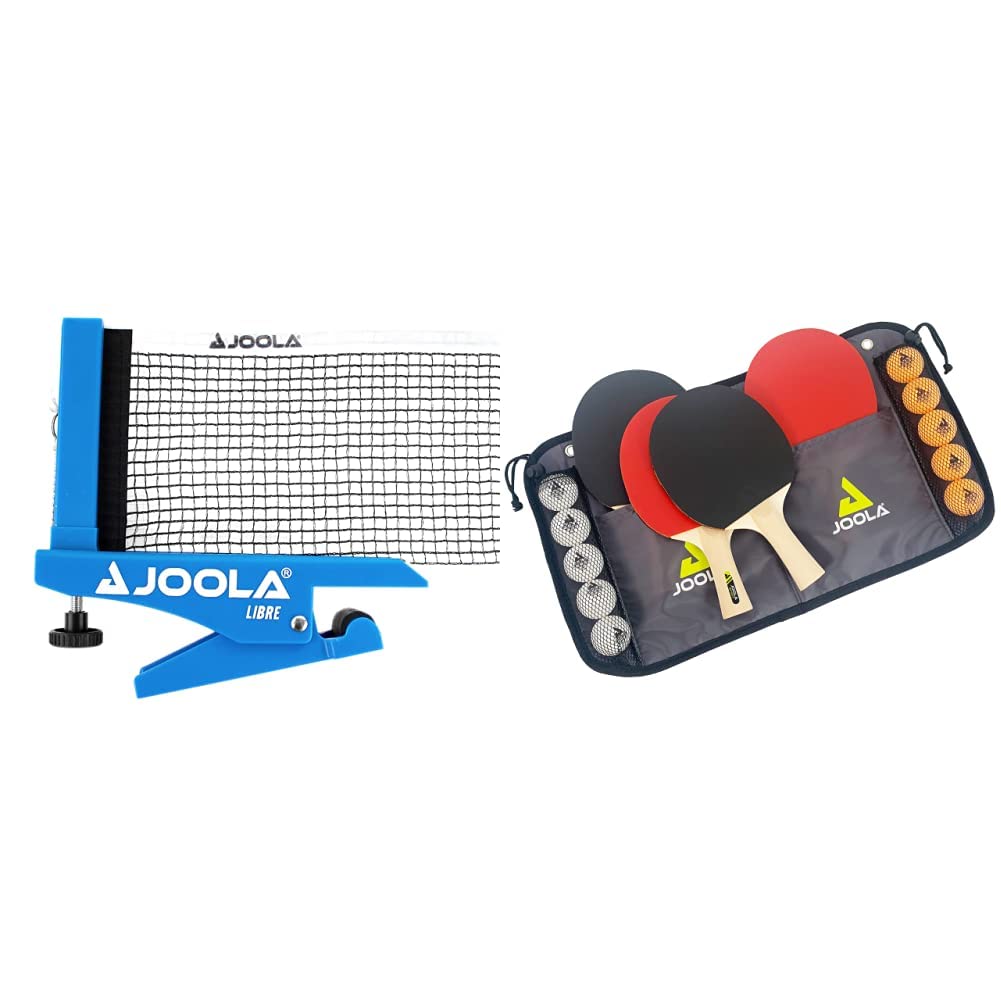 JOOLA Tischtennisnetz Libre- Outdoor Tischtennisnetz-Garnitur für Freizeitsport - Klemmtechnik & Tischtennis-Set Family, 4 Tischtennisschläger + 10 Tischtennisbälle + Tasche, ca. B 30 x H 8 x T 35 cm