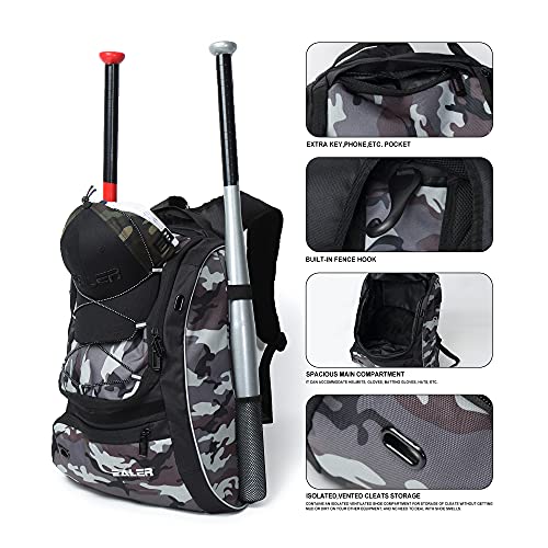 Ealer Baseball Bat Bag - Backpack For Baseball, T-Ball & Softball Equipment For Youth And Adults | Holds Bat, Helmet, Glove, & Shoes |Shoe Compartment & Fence Hook（Camo-Purple） #TOP4
