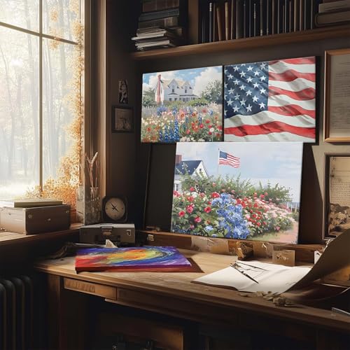 Image of Independence Day Canvas Wall Art, USA Garden with Flag Roses in Bloom Print, Memorial Day and Summer Porch Floral Print Poster Framed Oil Painting for Country Porch or Living Room 20x24inch