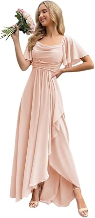 Chiffon Long Bridesmaid Dresses 2026 Cowl Neck Maxi Formal Evening Dress with Slit Blush Pink