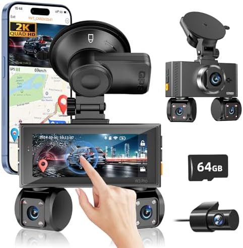 4 Channel Dash Cam Front and Rear, 360°Dash Camera for Car FHD 2K+3x1080P Touch Screen, 8 IR Night Vision, 5G WiFi, APP Control, G-Sensor, Loop Recording, Built-in GPS with 64GB Card, Parking Mode