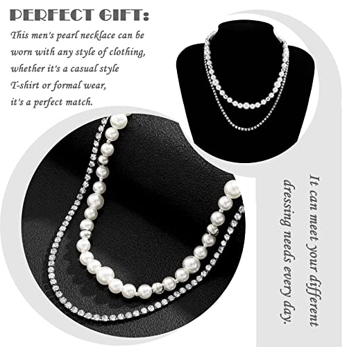 Pearl Necklace For Men Faux Pearl Choker Necklace Layered Mens Pearl Neckalce Punk Rhinestone Cuba Chain Necklace White Round Pearl Necklace For Men Teens(Rhinestone Chain) #TOP3