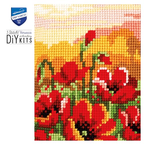 Image of Vervaco Cross Stitch Embroidery Kits Pillow Front for Self-Embroidery with Pattern on 100% Cotton and Thread, 15,75 x Inches - 40 cm, Poppy Meadow