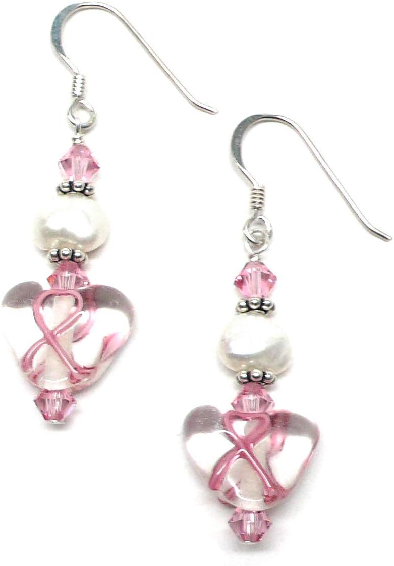Pink Ribbon Breast Cancer Awareness Earrings Sterling Silver Clear Heart Lamp Work Glass Cultured Freshwater Pearl