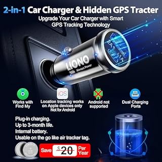 LIONO Car GPS Tracker & Charger with Built-in Rechargeable Battery, GPS Tracker for Vehicles, Hidden Car Tracker for Anti-Theft & Parking Location, for Family& Fleets, No Monthly Fee, No SIM, iOS Only