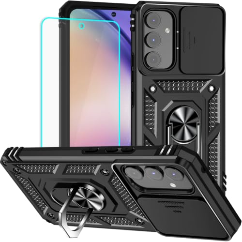 HNHYGETE for Galaxy A54 5G Phone Case with Screen Protector: [Military Grade 20ft. Drop Tested] Slide Camera Cover Ring Shockproof Protective Phone Case for - Samsung Galaxy A54 5G (Black)