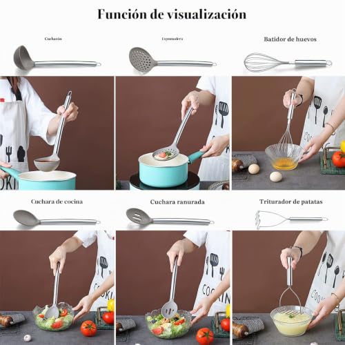 Miniatura 6 de 38 Pieza Juego De Utensilios De Cocina Con Rejilla Para Utensilios, Cabezal De Silicona Y Mango De Acero Inoxidable, De Cocina Para Juegos De Utensilios, Antiadherentes Utensilios Cocina Plateado