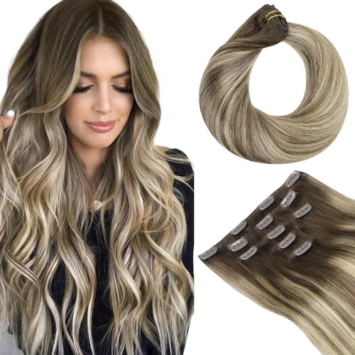HOTBANANA Extension di veri capelli umani con clip, 5 pezzi, 80 g, 50,8 cm, colore sfumato da marrone noce a castano cenere e biondo ossigenato, extension con clip Remy