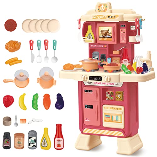 deAO Juguete de Cocina Infantil a Partir de 3 años con Accesorios de Cocina Infantil, Sonido de simulación, iluminación, Lavabo de riego, niños y niñas para Exteriores Cocina (Rosa Oscuro)