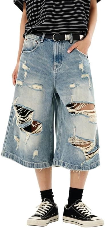 Baggy Jorts Men Y2K Capri Distressed Ripped Denim Shorts Women Long Jean Shorts Summer Streetwear Unisex