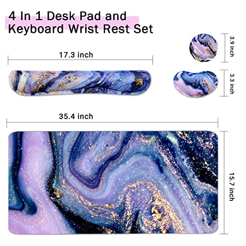 Image of 4-in-1 Large Gaming Mouse Pad, Keyboard Wrist Rest Pad & Wrist Support Mousepad Set, Extended Desk Pad Waterproof Desk Mat for Home Office Study Game - Purple Marble