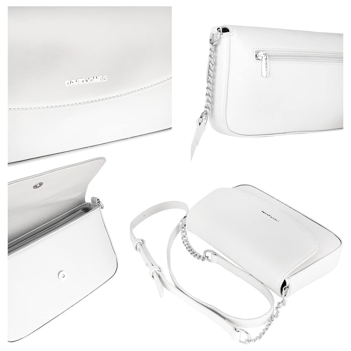 David Jones - Bolso Bandolera Mujer - Bolso de Mano Hombro Pequeño Cadena - Mensajero Cruzado PU Piel Cuero - Crossbody Bag Embrague Billetera Tarjeta Teléfono - Noche Shopping Ciudad - Blanco