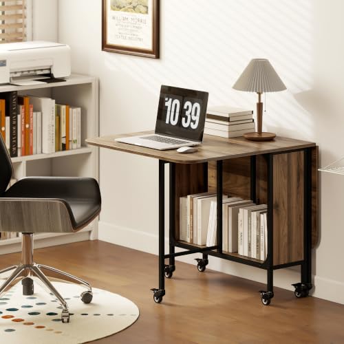 Miniatura 9 de Homcom Mesa Plegable De Comedor Con Estante, Ruedas, Alas Abatibles Y Bordes Redondeados Para Salón Y Cocina - 130x80x74 Cm Marrón