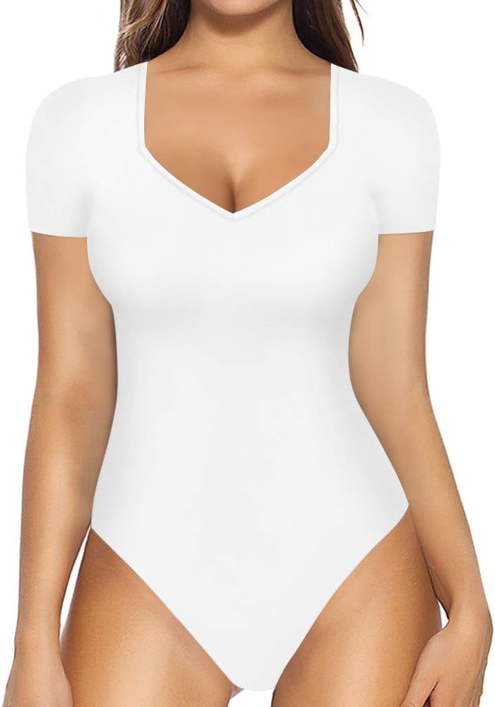 Sweetheart V Neck Bodysuits for Women Long Short Sleeve Body Suits Tops Shirt