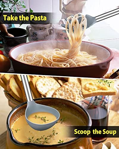 Silicone Pasta Fork and Soup Ladle Set, Non-Stick BPA Free Heat-Resistant Handy Kitchen Utensils for Cooking, Serving, Draining, Stirring (Grey)