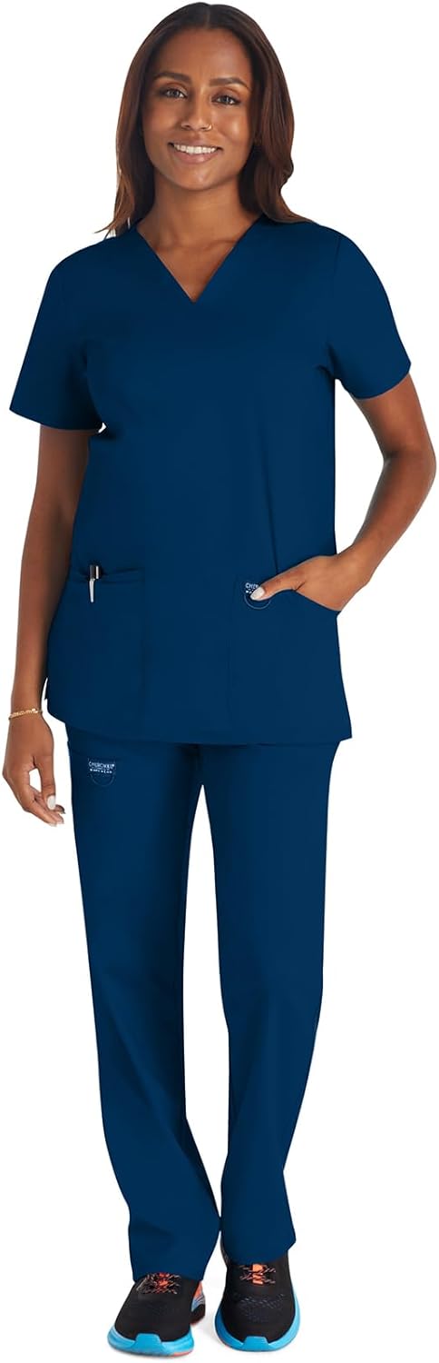 Cherokee Scrub Set For Women Modern Classic Fit 3 Pockets V-Neck Top WW620 with 5 Pockets Moderate Flare Leg Pant WW120