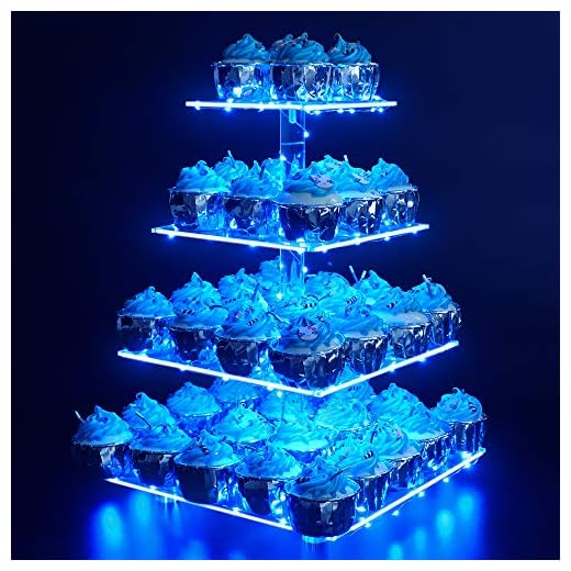 Cupcake Stand – Premium Cupcake Holder – Acrylic Cupcake Tower Display – Cady Bar Party Décor – 4 Tier Acrylic Display for Pastry + LED Light String – Ideal for Weddings, Birthday (Blue Light)