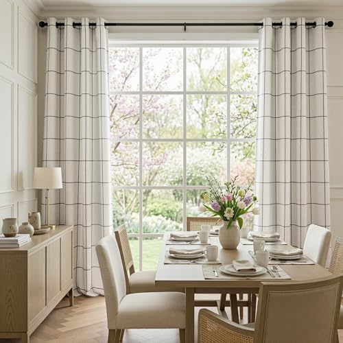 Image of MYSKY HOME Floor to Ceiling 100% Blackout Plaid Linen Curtains 102 Inch Long 2 Panels Set Farmhouse Double Layer Checkered Patterned Thermal Insulated Grommet Top Drapes, 52 inch W Each Panel, Black