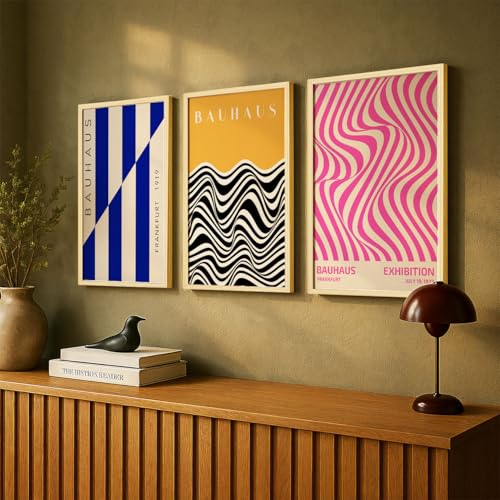 Image of SoulAbiti Geometric Shapes Series set of 3 Framed Wall Print 12x18 inch Light Brown Frame Plexi-Glass Bauhaus Art ready to hang for living room bedroom office decor