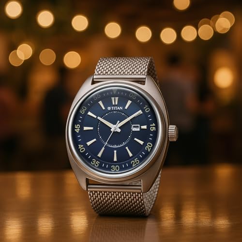 Image of Titan Tonneau Analog with Date and Blue Dial Mesh Stainless Steel Strap Watch for Men - 90211SM01