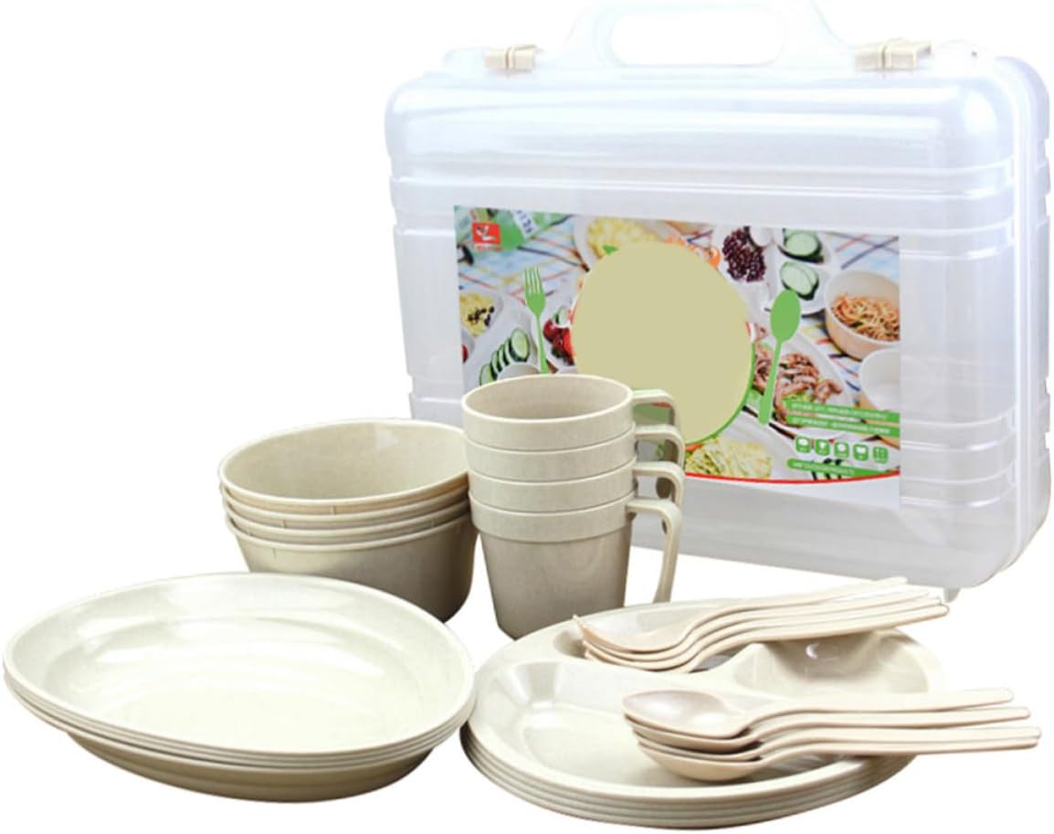 DECHOUS 24pcs Portable Plastic Camping Tableware Set Lightweight Picnic Plates Bowls and Utensils Easy to Use Outdoor Food Dishes for Trips and School