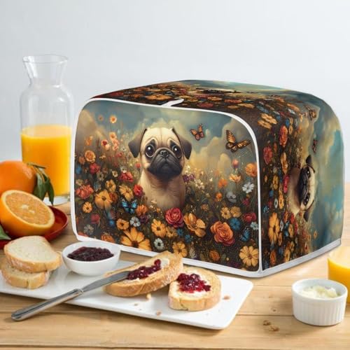Image of Talayituse Pug Dog Butterfly Rose Print Toaster Cover 4 Slice Wide Slot, Lightweight Bread Maker Cover Dust Protection Washable Appliance Bag, M
