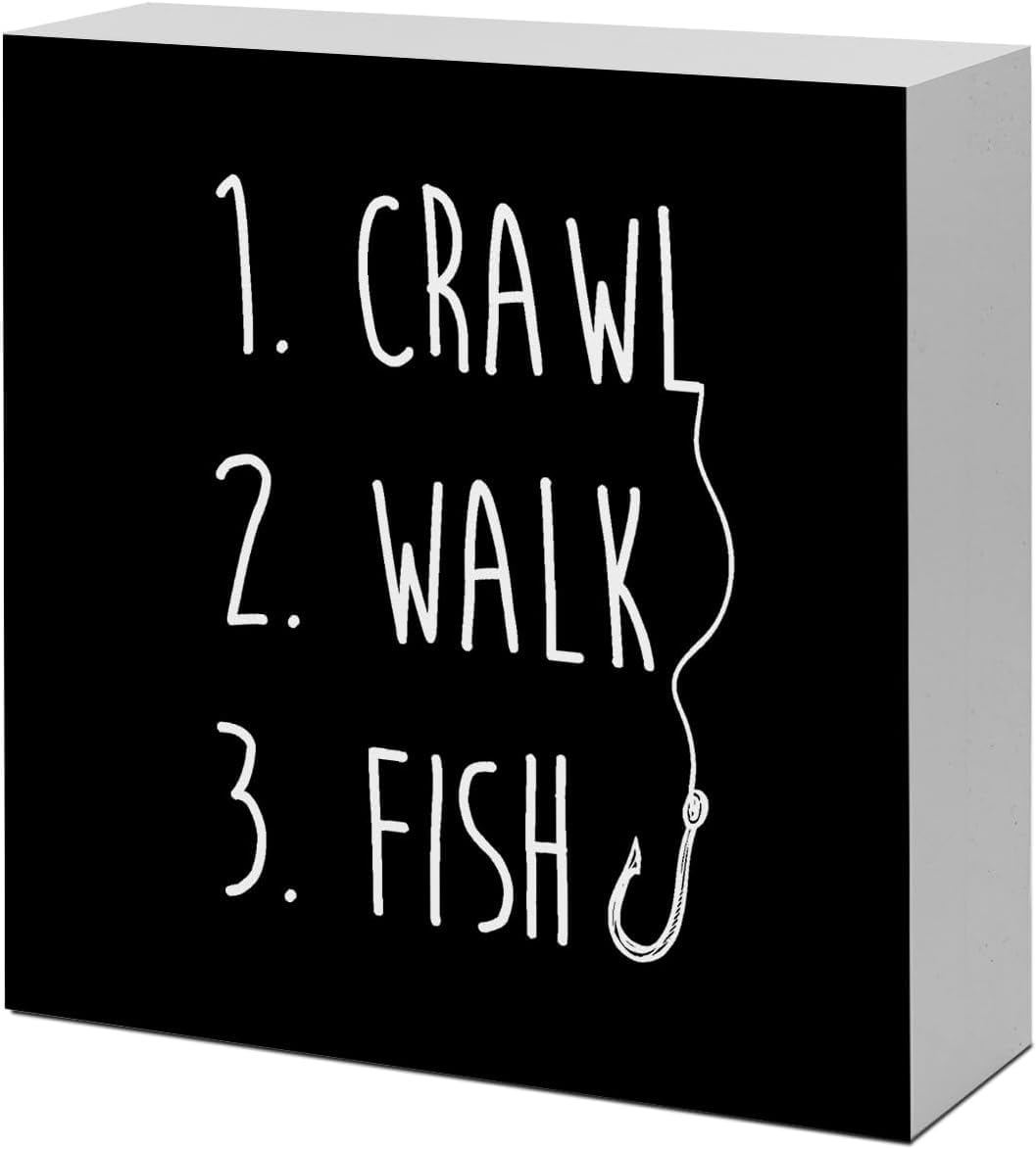 7x7 Inch Fishing Box Sign Black White Wood Desk Decor