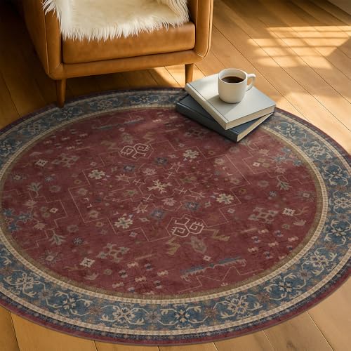 Burgundy 4ft Round Floor Rug for Living Room - Vintage