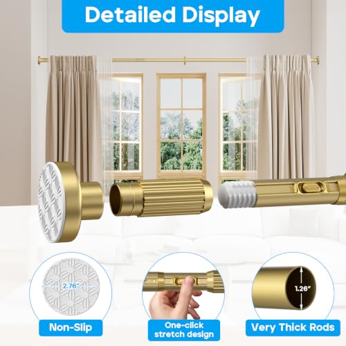 Image of Tension Curtain Rod Gold Shower Rod 40-144IN Long Curtain Rods No Drilling Adjustable Tension Rods of Shower or Bathroom Outdoor Window Patio Diameter 1.26In