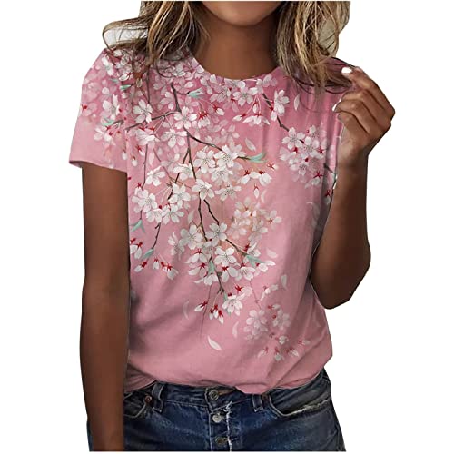 Image of HSUAYEUD Cotton T Shirts for Women UK Summer Tops for Women UK Casual Print Short Sleeve Tops Crew Neck Blouse and Shirts Loose Fit Women T-Shirts Pink L