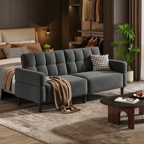 LINSY HOME Sofa mit Schlaffunktion, Schlafsofa mit Verstellbarer Rückenlehne Armlehnen, 3 Sitzer Sofa mit Bettfunktion aus Samtstoff, 230 x 100 cm Liegefläche, Ideal für Wohnu (Grau) – Bild 3