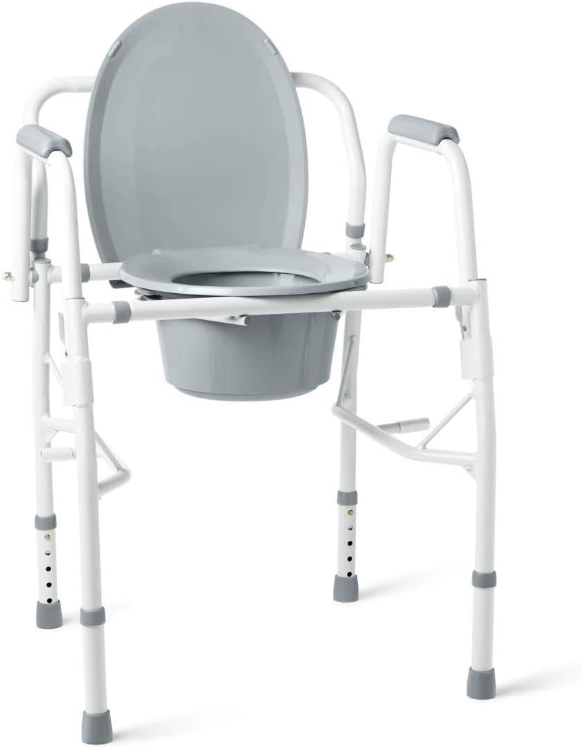Medline Adjustable Steel Drop-Arm Bedside Commode, Portable Bedside Toilet, 350 lb Weight Capacity Removable 7.5 QT. Bucket, Toilet Chair For Elderly, Tool-Free Assembly