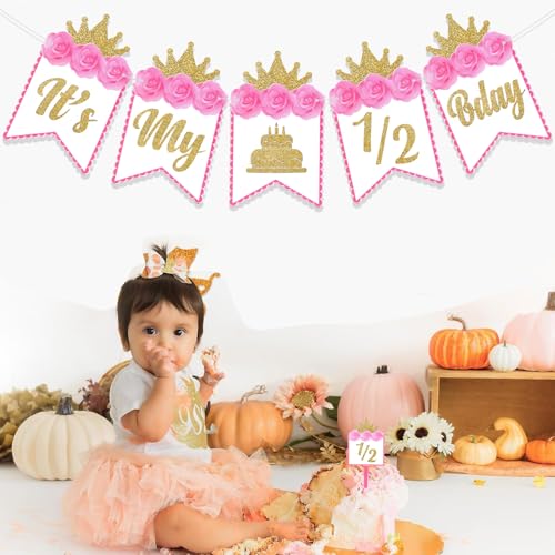 Image of Rozi Decoration Its My Half Birthday Pink Banner for Princess | Half Birthday Decoration for Baby Girl | Pack of 1 Set