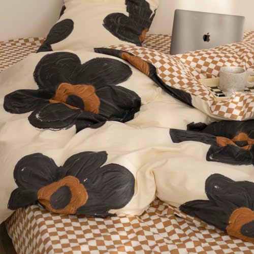 Wellboo Pumpkin and White Plaid Bed Sheets Full Light Brown Checkerboard Grid Flat Sheets Modern Boho Beige White Mini Plaid Fitted Sheet Women Men Khaki Plaid Bedding Sheet with 2 Pillowcases 4 PCS - 3