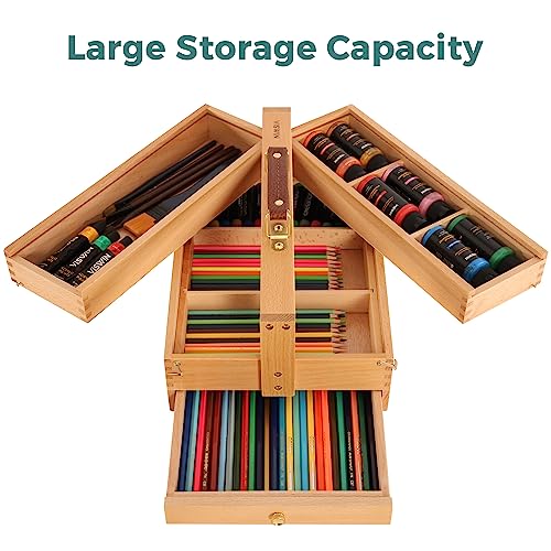 Image of VISWIN Multi-Function Artist Storage Box, Portable Solid Beech Wooden Tool Box with Drawer, Three Layers Art Supplies Storage Box for Paint Brush, Pen, Pastel, Paining Supplies, 13 1 /2 inch x9 1 /2 inchx5 inch