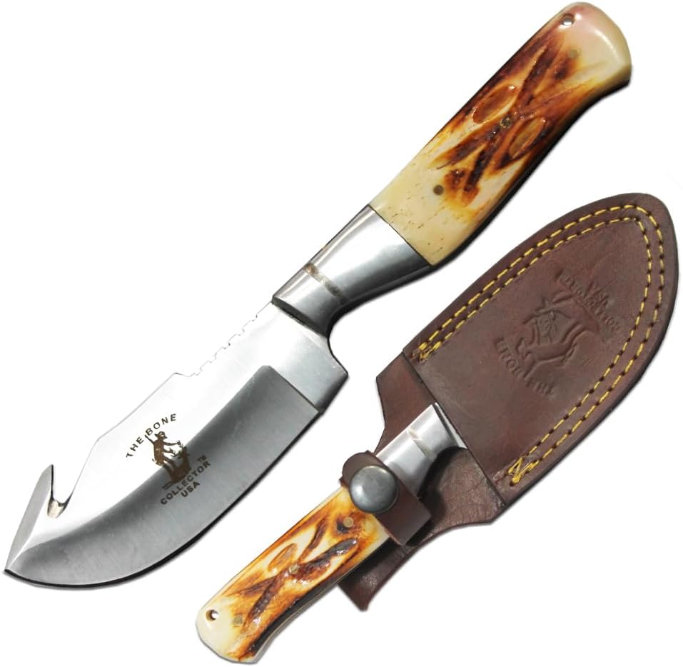7.5" Bone Collector Gut Hook Blade Skinning Hunting Knife with Leather Sheath, BC804, Full-tang Fixed Blade, Bovine Handle Hunting Knife with Leather Sheath for Camping, Hiking, Survival (Bovine Bone)