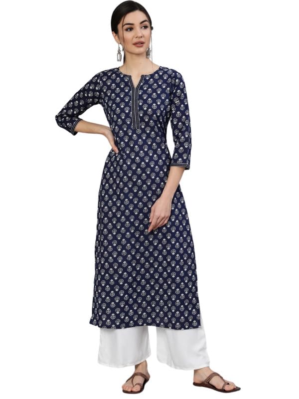 rayon printed straight single long kurti for women | ethnic casual kurta |boat neck | 3/4 sleeves kurta | regular fit | casual wear kurti for women