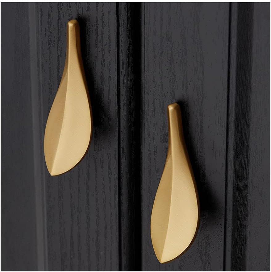 6pcs Solid Brass Cabinet Knobs,Leaf Shape Furniture Handles Pulls for Door,Kitchen Drawer,Dresser Drawer (Gold-6PCS)
