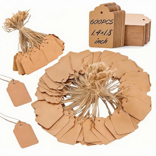 600 Pack Gift Tags with String Attached, 1.4 x 1.8 Inch Brown Kraft Paper Blank Hang Tags for Gift Bags, Wedding Favors, DIY Crafts, Clothing and Jewelry