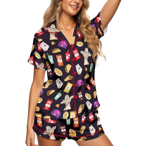 Image of HUNTFAMI Womens Soft Silky Satin Pajamas Set, 2 Pcs Sleep Short Pajamas for Mom and Grandma Button Down Summer Loungewear
