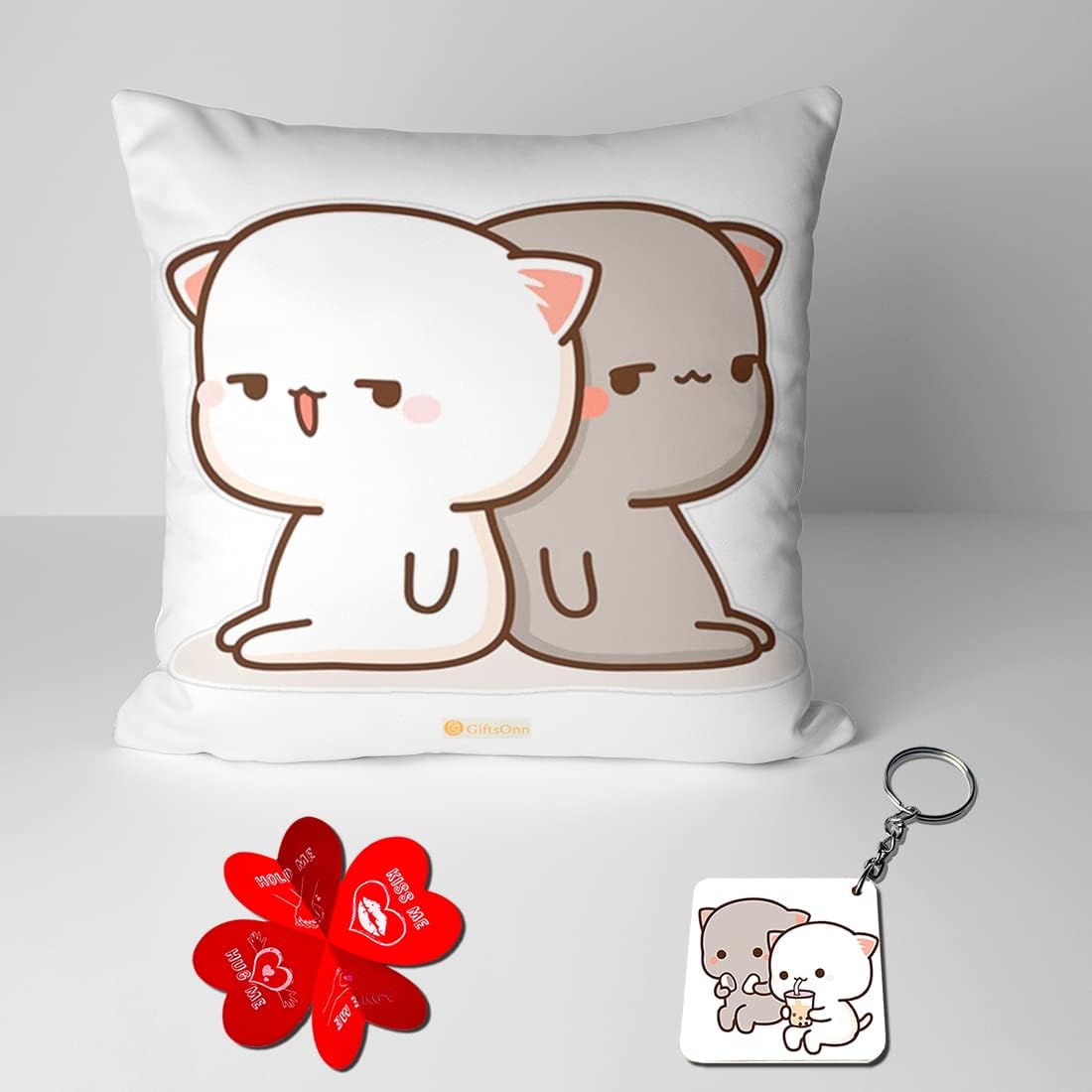 Peach and Goma Mochi Cat Pillow Cushion, Gifts for him, Boyfriend, Girlfriend, Valentines Gift for Girlfriend, Valentine Pillow for Couple, Peach Goma Pillow, Keychain with Card (Combo-11)