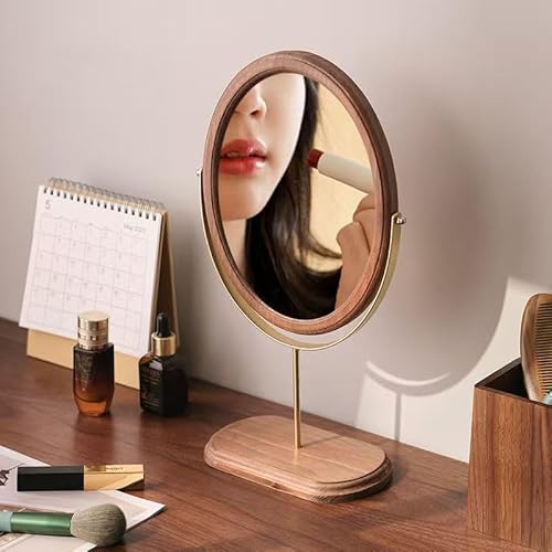 Tstarer Desk Makeup Mirror with Solid Wood,Elliptical Vanity Table Mirror for Living Room Bedroom (19 W x 35 H -CM) (Rustic Brown) - Image 2