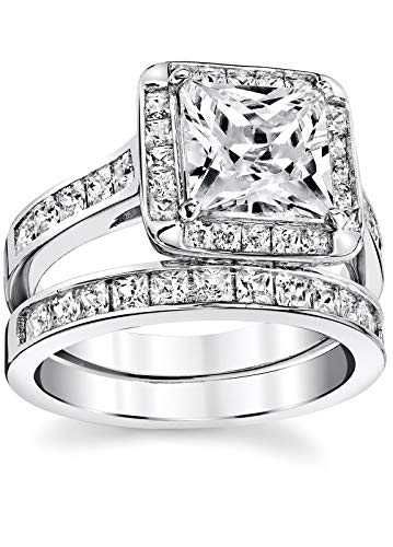 Metal Masters Co. Women's Sterling Silver 925 Bridal Set Engagement Rings 2.5 Carat Princess Cut Cubic Zirconia 5-93
