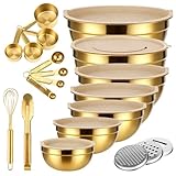 Tideme 20 PCS Gold Mixing Bowls with Lids Set - 7 Mixing Bowls with 3 Graters, 8 Measuring Spoons, 1 Whisk, and 1 Food Tong, Nesting Bowl Set for Baking, Cooking, Meal Prep