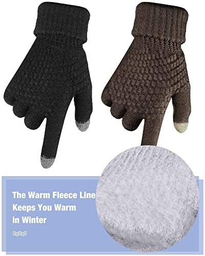 Geyoga 2 Pairs Women's Winter Touch Screen Gloves Soft Warm Fleece Lined Knit Elastic Cuff Winter Texting Gloves(Black, Coffee)