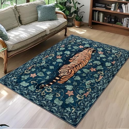 TUKDAK Washable Area Rug for Living Room Green 120×180cm, Animal Soft Bedroom Rug Non-shedding Non-slip, Boho Short Pile Tiger Floor Carpet for Kitchen Office Bathroom Kids Nursery room