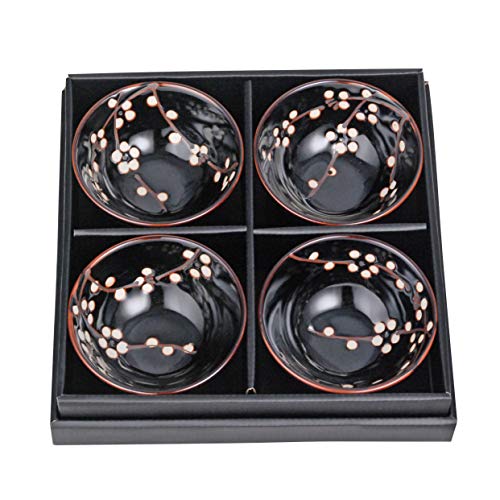 Hinomaru Collection Japanese Traditional Porcelain 4.5" D Rice Bowl Set Of 4 Cherry Blossom Sakura Assorted Colors Decorative Tableware Multi Purpose (Tenmoku Black) #TOP7