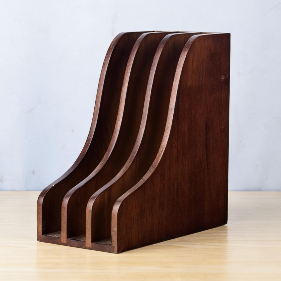 Solid Wood Vertical File Organizer, Desktop Document Holder with Customizable Design, Multifunctional Desk Organizer for Mail, Paper, Books, Files, Laptops, Office & Home Desktop Organization