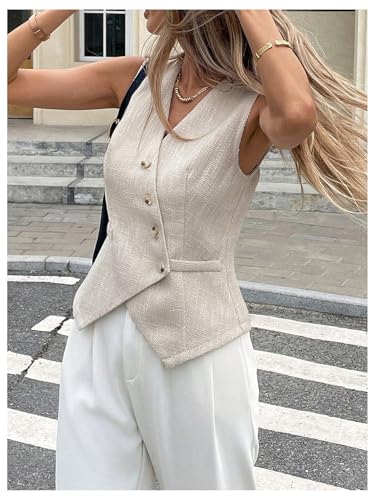 OYOANGLE Women's Suit Vest Top Button Front V Neck Work Dressy Sleeveless Blazer Jacket Waistcoat Apricot Small4